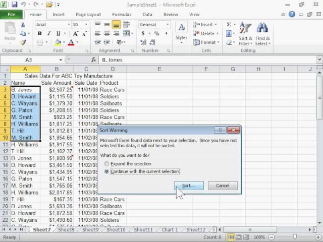 Sort One Column in a Range of Cells without Affecting the Others - Excel 2010