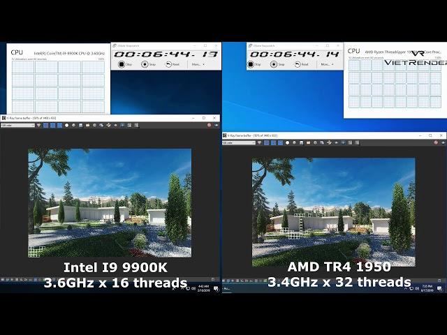 3Dsmax Vray 3 4 Render Time Exterior AMD TR4 1950X vs I9 9900K