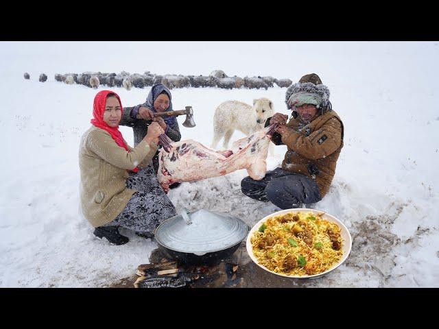 Coldest Village with Heavy Snow in Afghanistan -63°C | Shepherd Mother Cooking Mutton Biryani