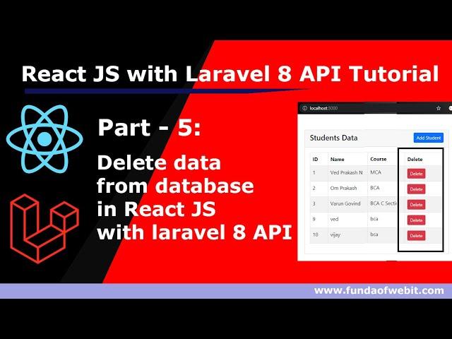 React JS with Laravel 8 API: Delete/remove data from database in React JS with laravel 8 API- Part 5