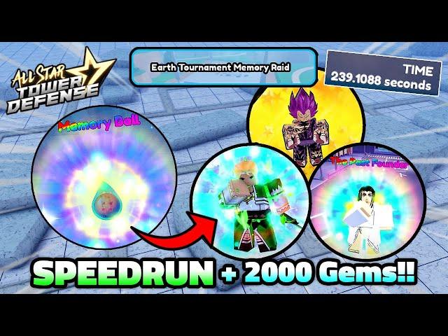 Speedrun Earth Tournament Memory Raid | Memory Ball + 2000 Gems Free | All Star Tower Defense Roblox