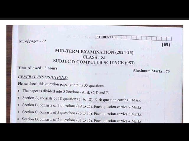 class  11 computer sci  Mid term examination 2024-25(08/10/24)कक्षा 11 com. Question paper