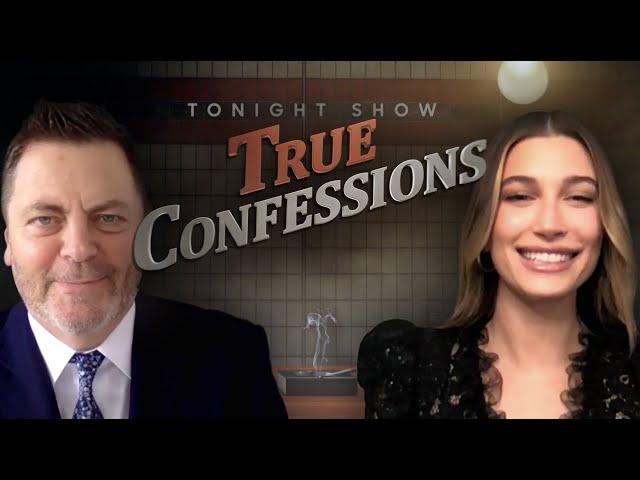 True Confessions with Nick Offerman and Hailey Bieber | The Tonight Show Starring Jimmy Fallon