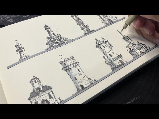 Filling my sketchbook with more tiny miniature buildings, drawing with ink pens