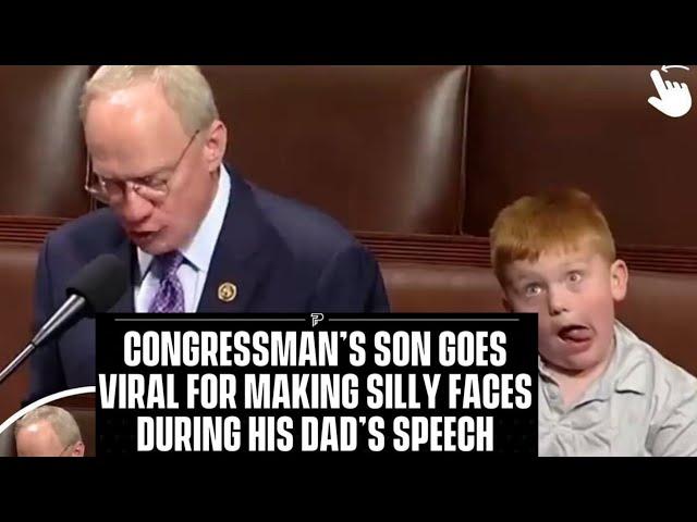 A kid goes viral for making silly faces during his dad's speech and is hilarious