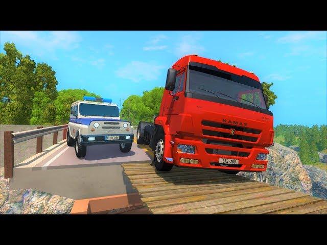 Патруль ДПС на УАЗе и Камаз нарушитель проезжает подвесной мост в игре BeamNG.Drive