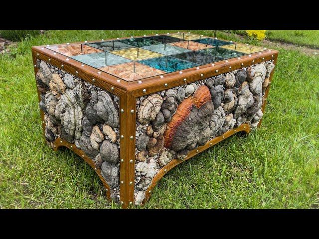 Make Amazing Table of Mushrooms, colored Stones and Epoxy resin.