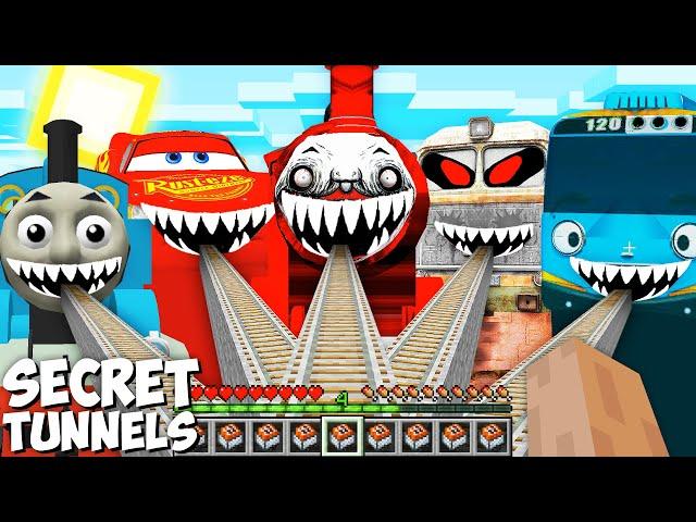 new SECRET TUNNELS of THOMAS.exe and CHO CHO CHARLES and METRO TRAIN and MCQUEEN.exe in Minecraft !