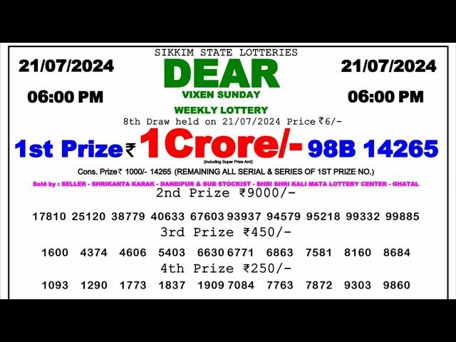  Dear 6 P.M. Sikkim Live Lottery Sambad Result Today ll Date-21/07/2024 ll