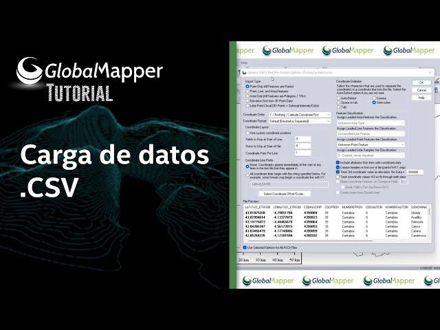 Tutorial sobre la carga de datos desde ficheros .csv. Global Mapper.