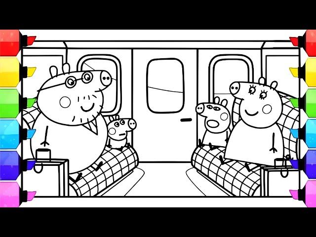 Peppa, Mummy George and Daddy Pig Traveling In The Train Drawing Easy, Peppa Pig Coloring