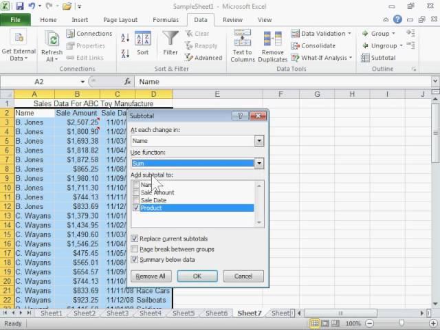 Insert Subtotals into a List of Data in a Worksheet - Excel 2010
