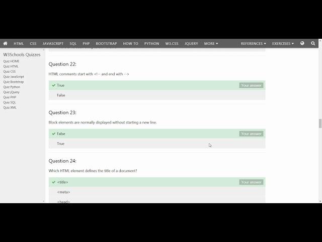 W3Schools HTML Quiz Results