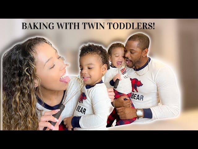 BAKING WITH TWIN TODDLERS | First time baking a cake together! SUPER CUTE!