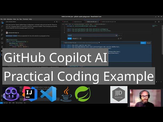 GitHub Copilot Practical Code Example: generate explain test. Java Spring Framework IntelliJ VS Code