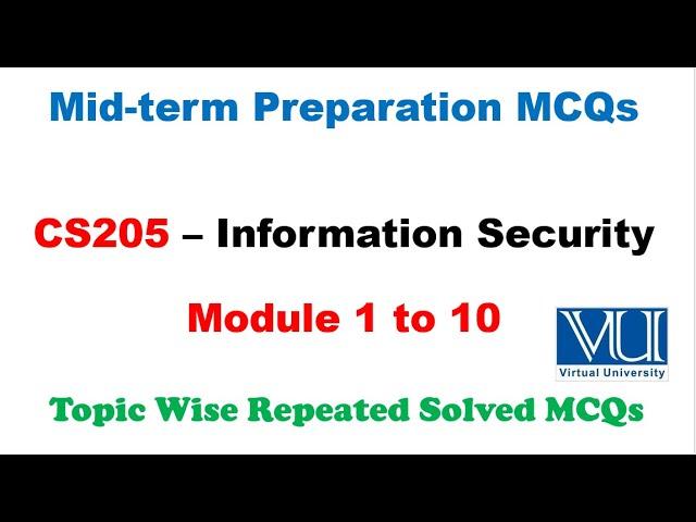 CS205 Midterm Preparation 2024 | Most Repeated Solved MCQs | CS205 Information Security