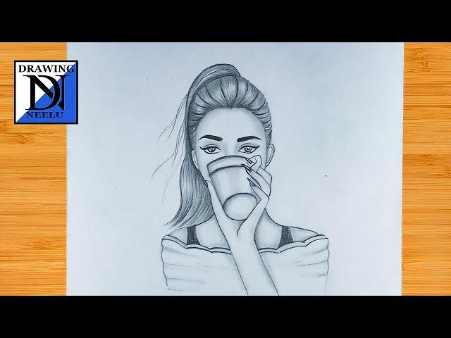 How to draw a girl with drinking coffee || easy drawing for girls || drawing for girls