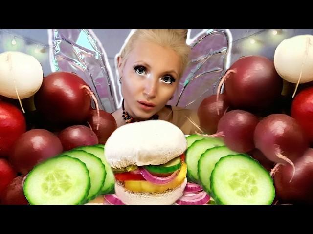 ASMR Mukbang: Crunchy, Healthy Burger Eating Sounds, Chewy King Oyster Mushroom, Radish | No Talking