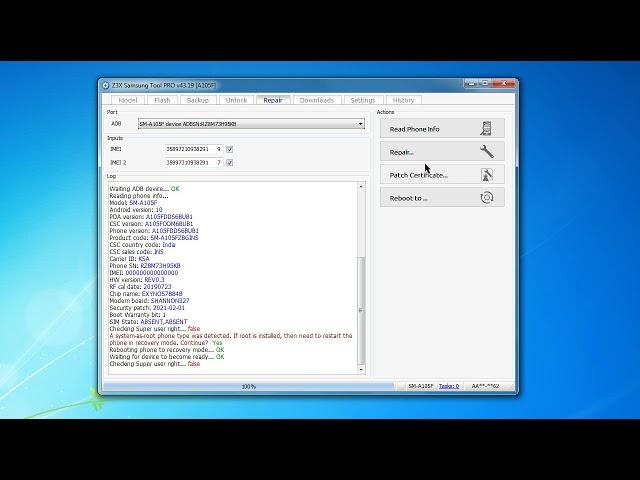 Samsung Galaxy A10 A105F U6 Imei Repair Z3X Box Security Patch 2021