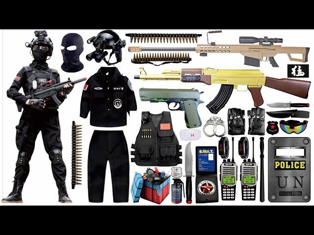 Special police weapon toy gun set unboxing, Barrett sniper rifle, golden AK47, UZI submachine gun