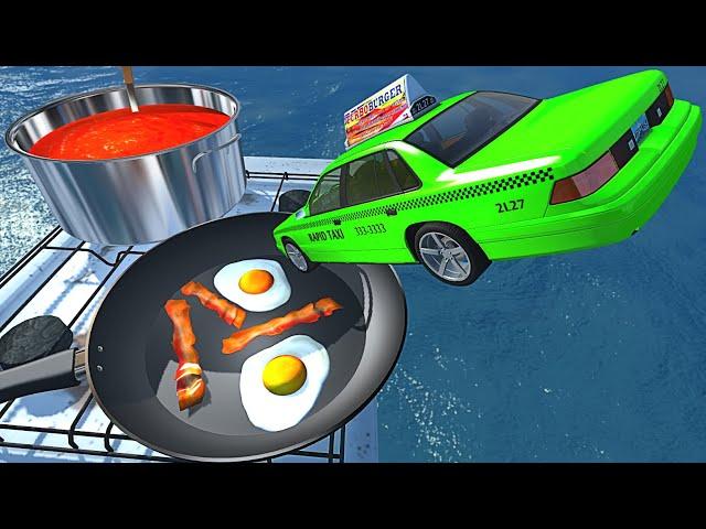 BeamNG.drive - High Speed Jumps into Egg & Bacon + Tomato Soup