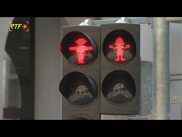 Neue Ampel in Tübingen mit Kultfiguren Äffle und Pferdle