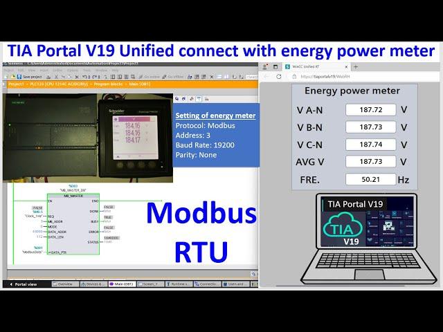 TIA Portal V19 Modbus RTU communication with energy power meter reading and show on HMI Unified