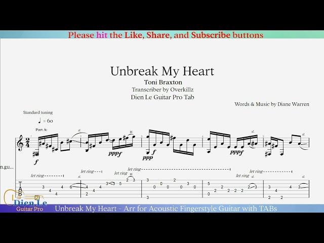 Unbreak My Heart - Arr for Acoustic Fingerstyle Guitar with TABs
