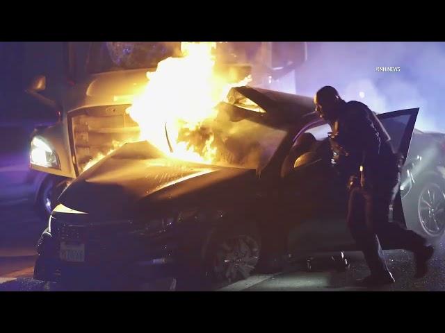 Caught on Video: Fiery Pursuit Crash Rescue in Long Beach