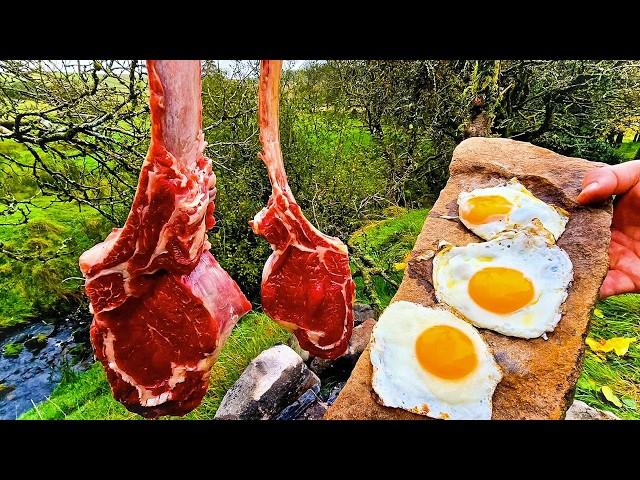 How to Cook TOMAHAWK STEAK Over Coals *Caveman Style* | ASMR Outdoor Cooking