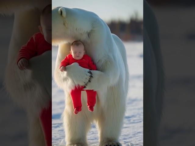 Unlikely Friendship: Baby & Polar Bear ️"#AnimalFriends #PolarBearCare #CutenessOverload