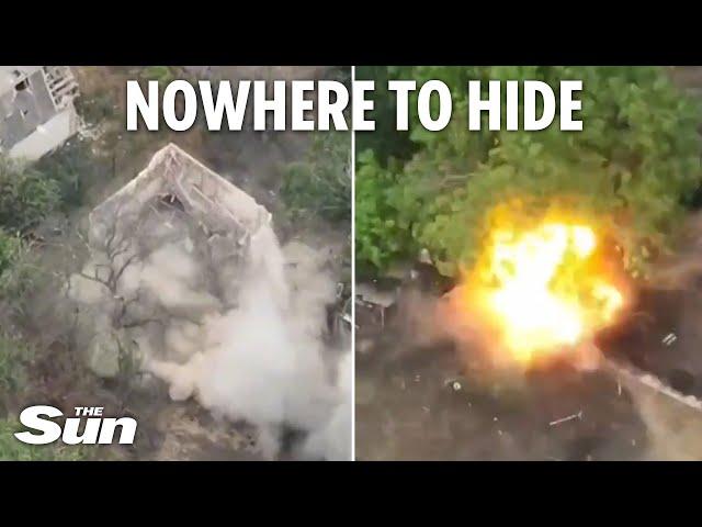 Moment Ukrainian drones rain fire on Russian troops in mission to clear enemy hideouts