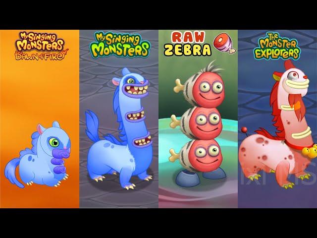 ALL Dawn Of Fire Vs My Singing Monsters Vs Raw Zebra Vs The Monster Explorers - Redesign Comparisons