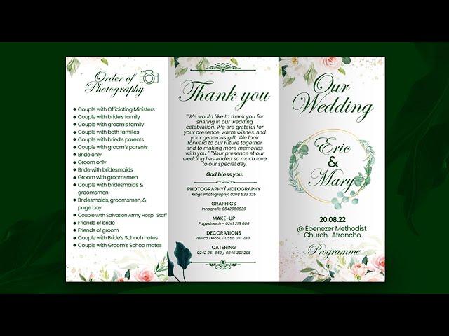 How To Design a TRI FOLD WEDDING PROGRAM OUTLINE in Photoshop | Step by Step