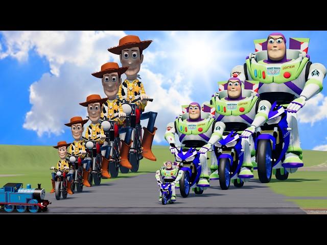 Big & Small Toy Story: Woody on a motorcycle vs Buzz on a motorcycle vs Trains | BeamNG.Drive