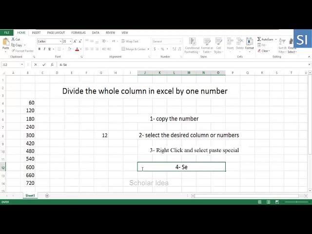 Divide whole column in excel on one number