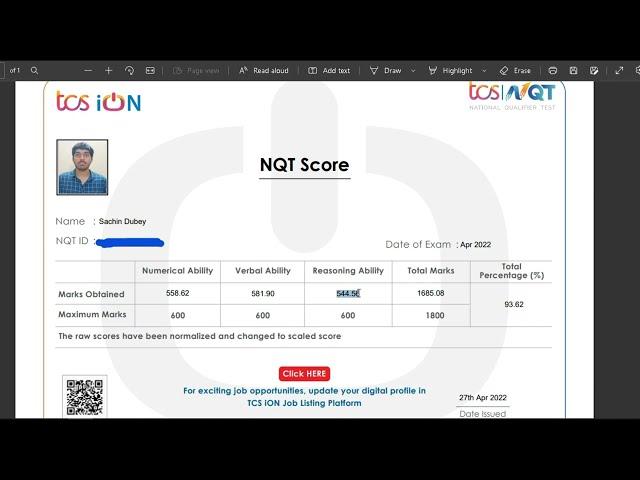 TCS NQT 2022 RESULT- 93%- How To Download Score Card- March/ April/ June/ October Cycle