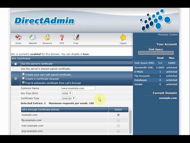 Free SSL Lets Encrypt on DirectAdmin