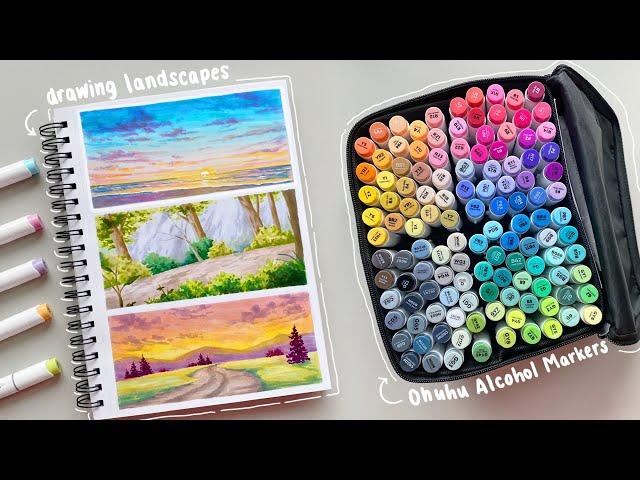 drawing landscapes using alcohol markers  unboxing new art supplies!  ft. ohuhu