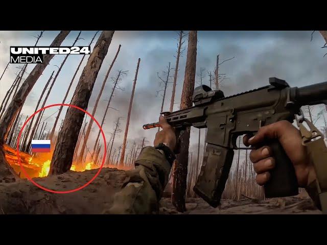 Trench warfare. First Person Shooter.  Azov Brigade storm Russian trenches. Serebryansky Forest