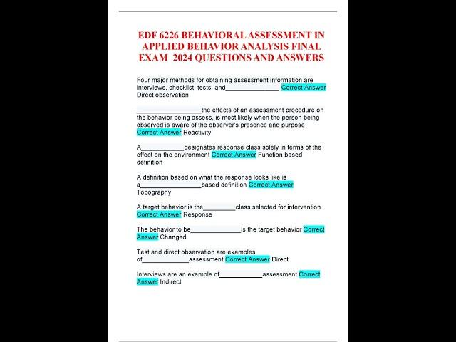 EDF 6226 BEHAVIORAL ASSESSMENT IN APPLIED BEHAVIOR ANALYSIS FINAL EXAM 2024 QUESTIONS AND ANSWERS