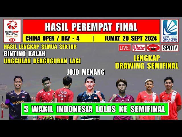 Hasil Lengkap 8 Besar China Open 2024 Hari Ini ~ GINTING Kalah ~ JOJO Menang ~ 3 Wakil Ke Semifinal