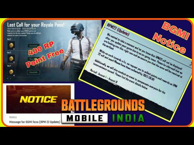 BGMI New Notice // BGMI Royal Pass Update M22 end // bgmi new event Free character Vaucher