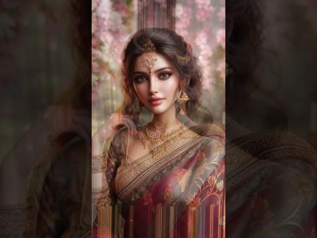 "Elegant in saree, adorned in gold, she stands serene among flowers, radiating timeless beauty"