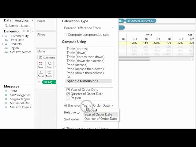 How to create a view with quarter over quarter difference indicated as a percentage in Tableau