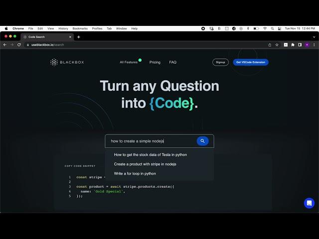 how to turn any question into code on Blackbox webapp?