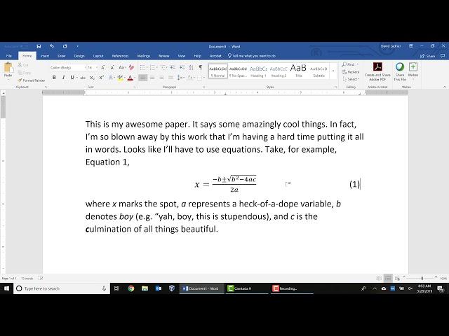 Centering equations with a right-justified number in Microsoft Word