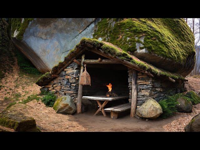 Bushcraft SHELTER of Stones and Logs under a Rock. Warm Shelter