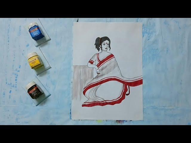 How to draw a beautiful lady in red white sari #easyartchannel #artwork #drawingtutorials #drawing