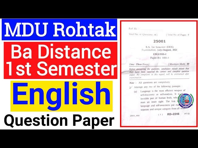 Mdu Ba Distance English 1st semester Question Paper | Mdu DDE Ba English 1st semester Question Paper